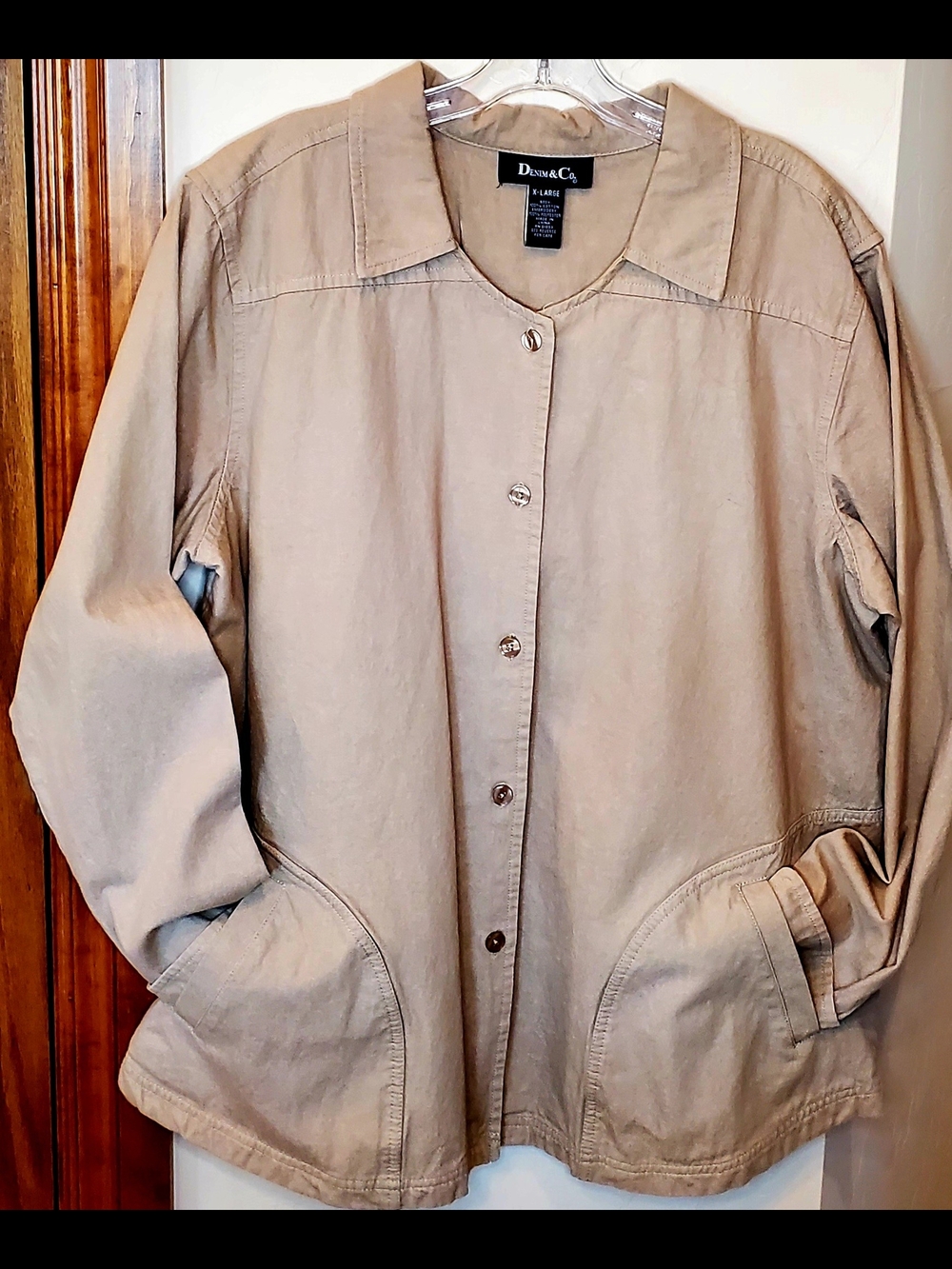 Denim&Co Beige Utility Button-Front Jacket w/ Embroidered Floral Accent XL